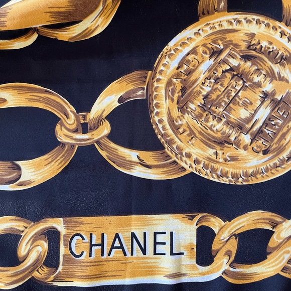 Chanel Scarf Silk Black Gold Chain link Gold Coin Logo - Picture 3 of 7